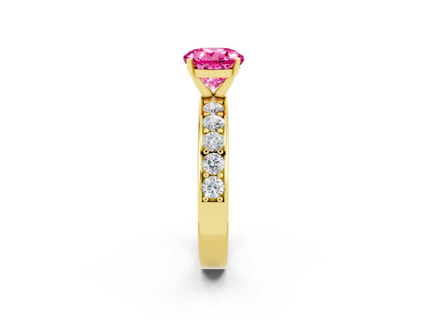 Yellow gold Round Cut Pink Sapphire Engagement Ring with Channel Set Round Band and Prong Setting
