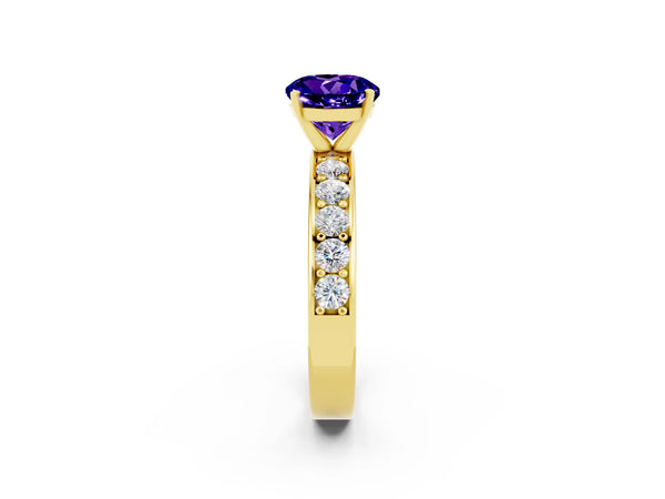 Yellow gold Round Cut Tanzanite Engagement Ring with Channel Set Round Band and Prong Setting