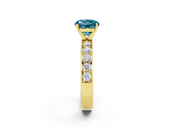 Yellow gold Round Cut Blue Topaz Engagement Ring with Channel Set Round Band and Prong Setting