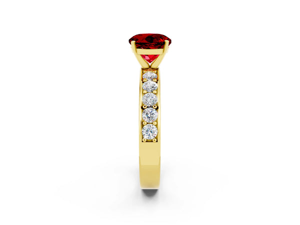 Yellow gold Round Cut Ruby Engagement Ring with Channel Set Round Band and Prong Setting