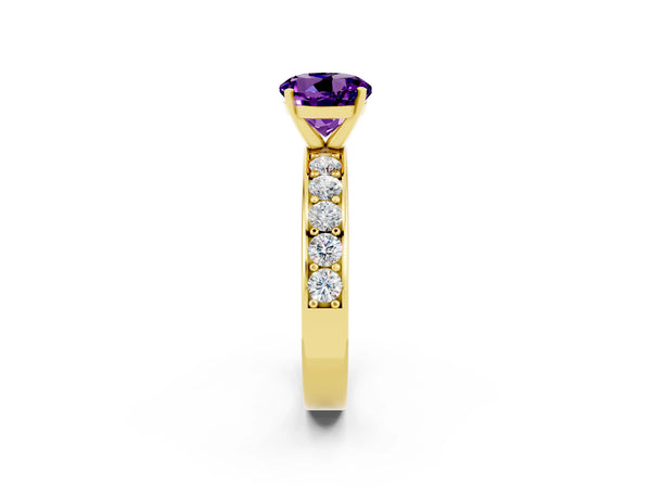 Yellow gold Round Cut Amethyst Engagement Ring with Channel Set Round Band and Prong Setting