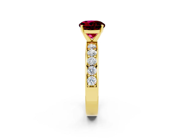 Yellow gold Round Cut Garnet Engagement Ring with Channel Set Round Band and Prong Setting