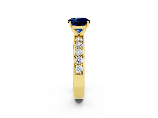 Yellow gold Round Cut Blue Sapphire Engagement Ring with Channel Set Round Band and Prong Setting