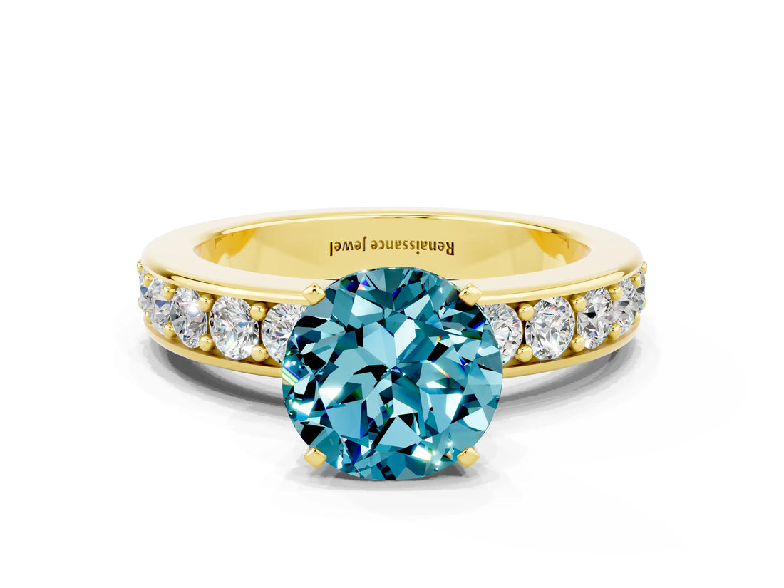 Yellow gold Round Cut Cut Channel Set Diamond Engagement Ring with Four-Prong Setting