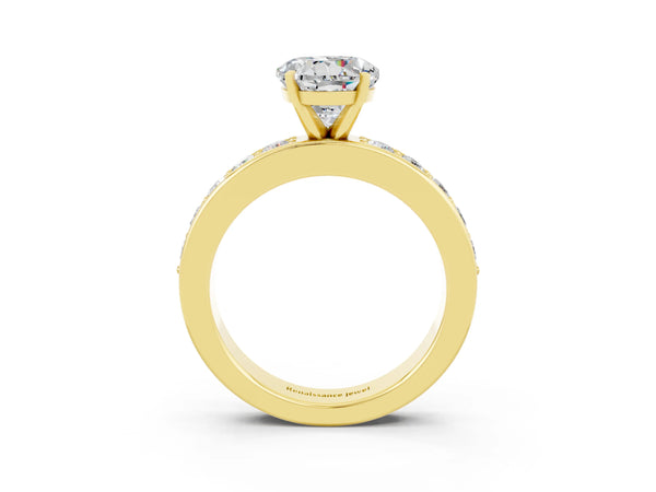 Yellow gold Round Cut Moissanite Engagement Ring with Channel Set Round Band and Prong Setting