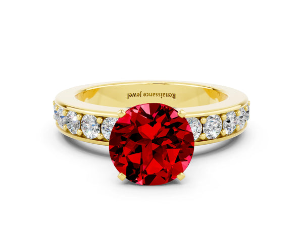 Yellow gold Round Cut Ruby Engagement Ring with Channel Set Round Band and Prong Setting