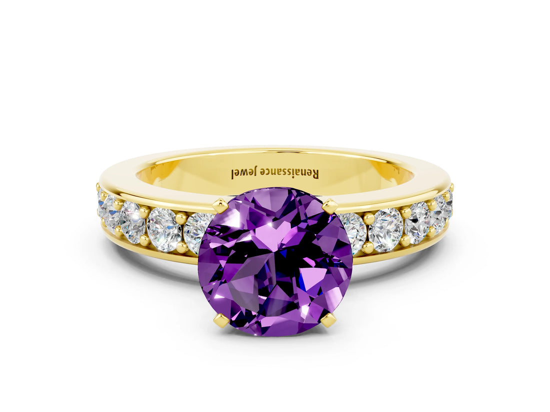 Yellow gold Round Cut Cut Channel Set Diamond Engagement Ring with Four-Prong Setting