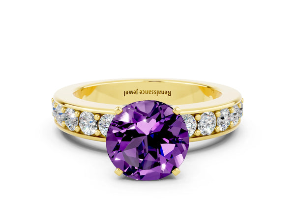 Yellow gold Round Cut Amethyst Engagement Ring with Channel Set Round Band and Prong Setting