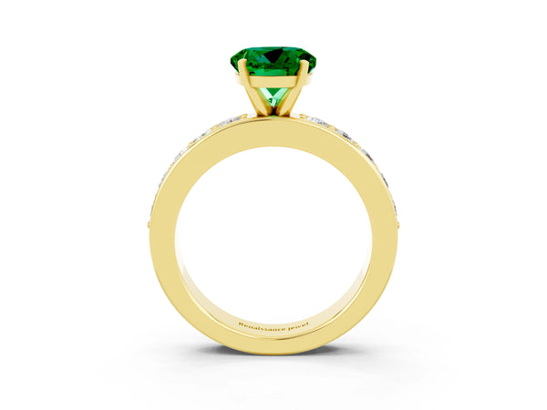Yellow gold Round Cut Emerald Engagement Ring with Channel Set Round Band and Prong Setting