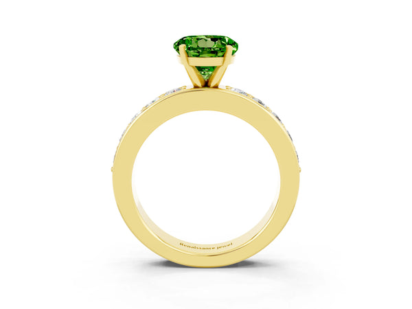Yellow gold Round Cut Peridot Engagement Ring with Channel Set Round Band and Prong Setting