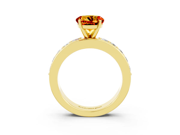 Yellow gold Round Cut Citrine Engagement Ring with Channel Set Round Band and Prong Setting