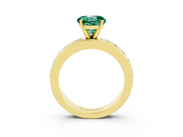 Yellow gold Round Cut Green Sapphire Engagement Ring with Channel Set Round Band and Prong Setting
