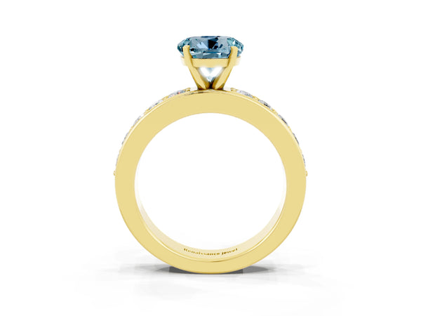 Yellow gold Round Cut Aquamarine Engagement Ring with Channel Set Round Band and Prong Setting
