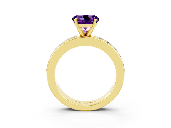 Yellow gold Round Cut Amethyst Engagement Ring with Channel Set Round Band and Prong Setting
