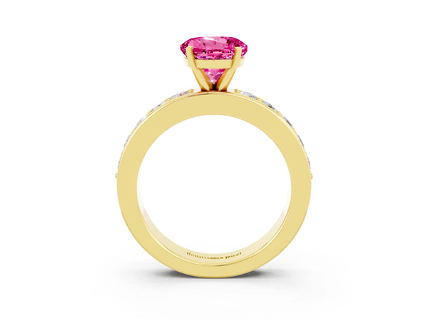Yellow gold Round Cut Pink Sapphire Engagement Ring with Channel Set Round Band and Prong Setting