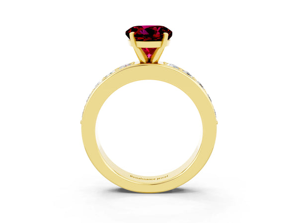 Yellow gold Round Cut Garnet Engagement Ring with Channel Set Round Band and Prong Setting