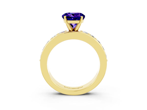 Yellow gold Round Cut Tanzanite Engagement Ring with Channel Set Round Band and Prong Setting