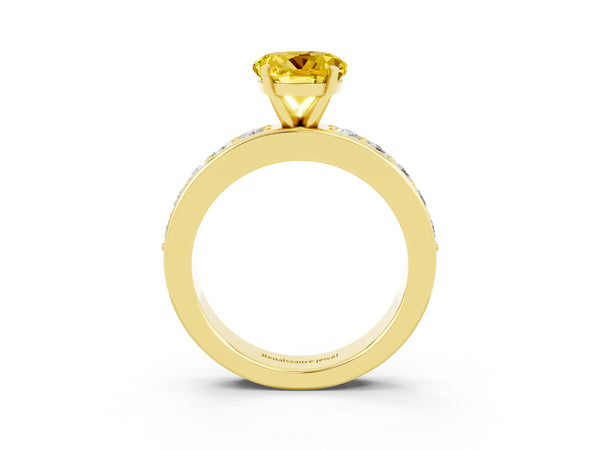 Yellow gold Round Cut Yellow Sapphire Engagement Ring with Channel Set Round Band and Prong Setting