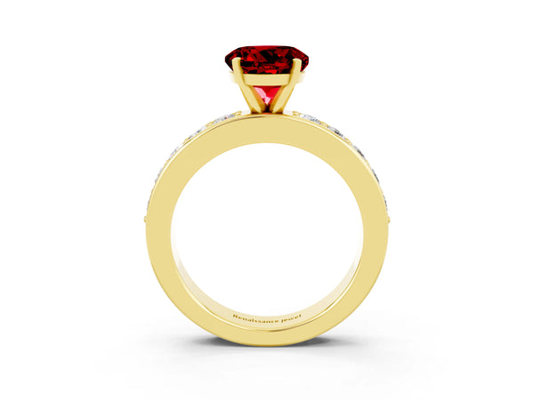 Yellow gold Round Cut Ruby Engagement Ring with Channel Set Round Band and Prong Setting