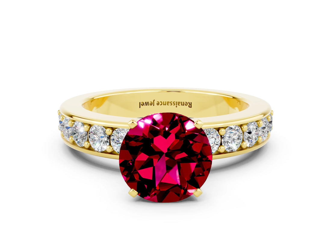 Yellow gold Round Cut Cut Channel Set Diamond Engagement Ring with Four-Prong Setting