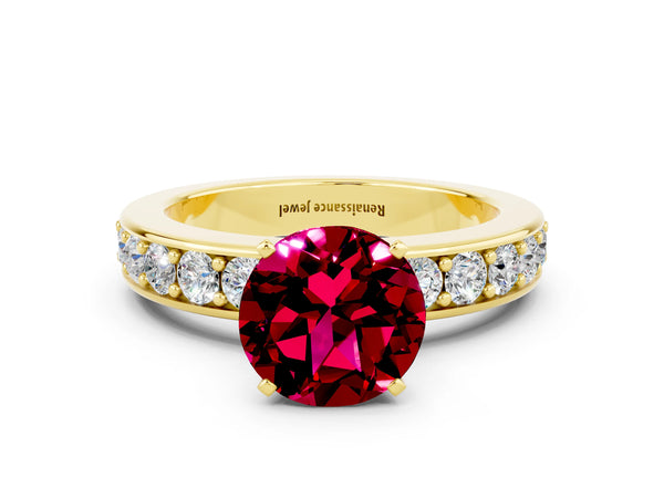 Yellow gold Round Cut Garnet Engagement Ring with Channel Set Round Band and Prong Setting