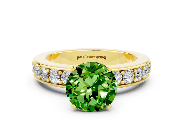 Yellow gold Round Cut Peridot Engagement Ring with Channel Set Round Band and Prong Setting
