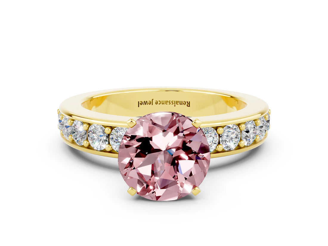Yellow gold Round Cut Cut Channel Set Diamond Engagement Ring with Four-Prong Setting