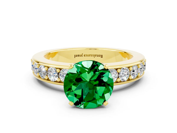 Yellow gold Round Cut Emerald Engagement Ring with Channel Set Round Band and Prong Setting