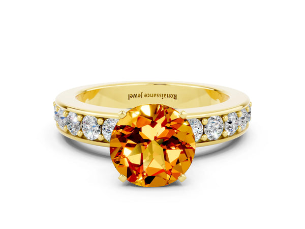 Yellow gold Round Cut Citrine Engagement Ring with Channel Set Round Band and Prong Setting