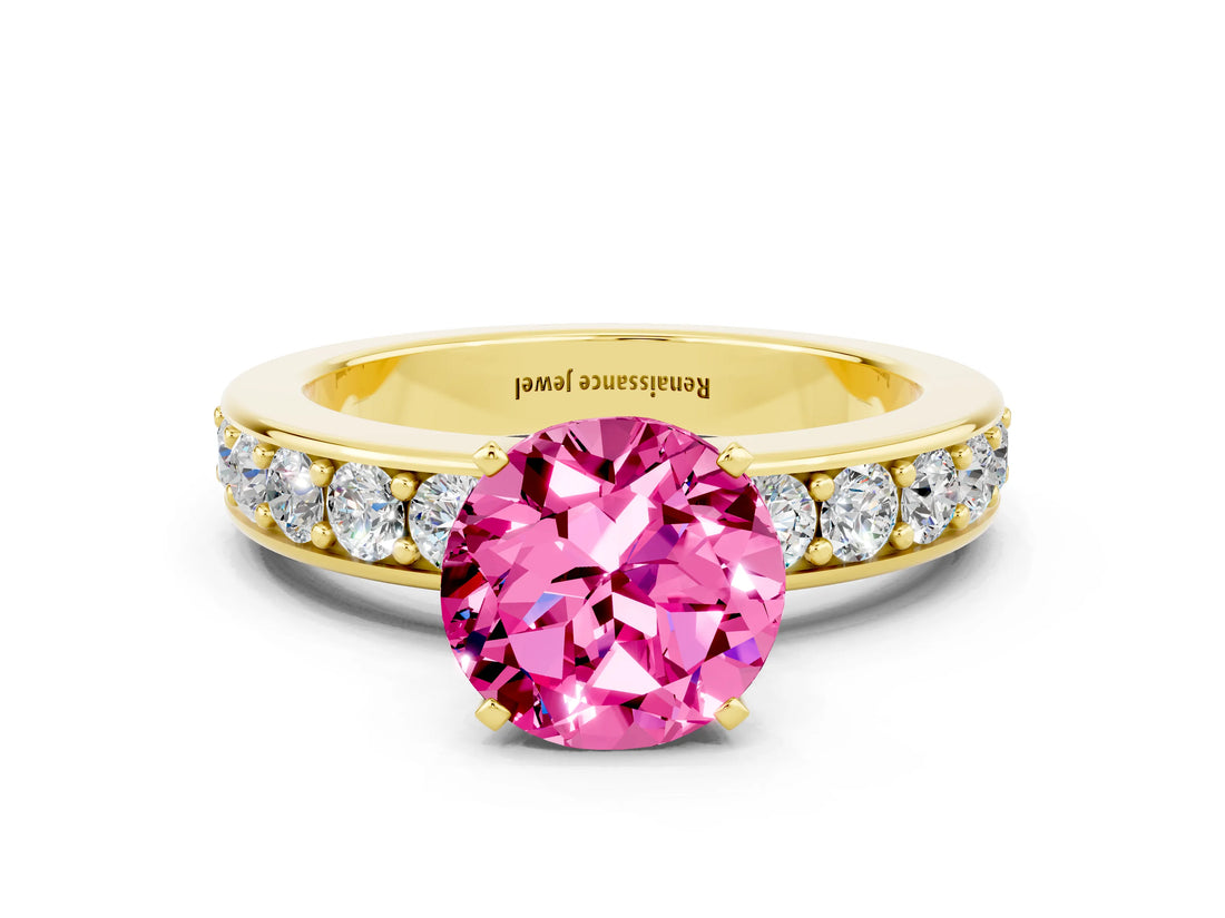 Yellow gold Round Cut Cut Channel Set Diamond Engagement Ring with Four-Prong Setting