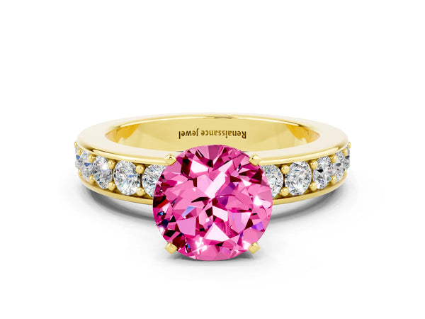 Yellow gold Round Cut Pink Sapphire Engagement Ring with Channel Set Round Band and Prong Setting