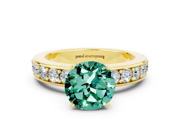 Yellow gold Round Cut Green Sapphire Engagement Ring with Channel Set Round Band and Prong Setting