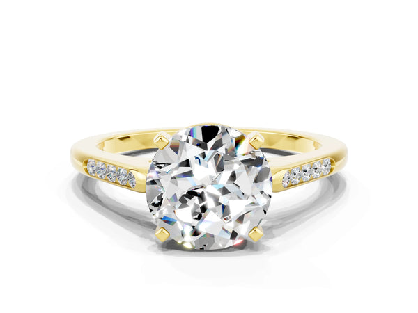 Yellow gold Round Cut Moissanite Solitaire Ring with Channel Set Round Band and Prong Setting