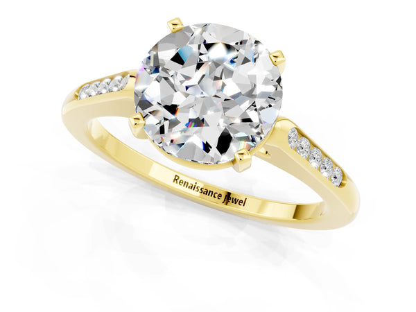 Yellow gold Round Cut Moissanite Solitaire Ring with Channel Set Round Band and Prong Setting