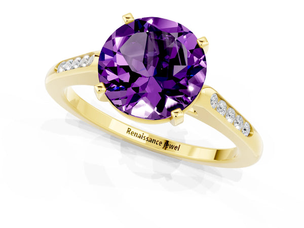 Yellow gold Round Cut Amethyst Solitaire Ring with Channel Set Round Band and Prong Setting