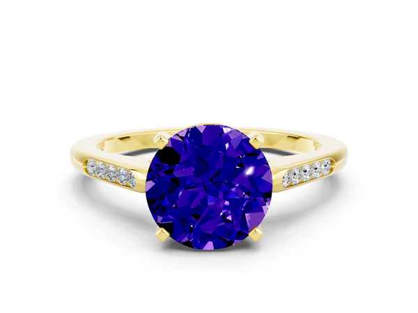 Yellow gold Round Cut Tanzanite Solitaire Ring with Channel Set Round Band and Prong Setting