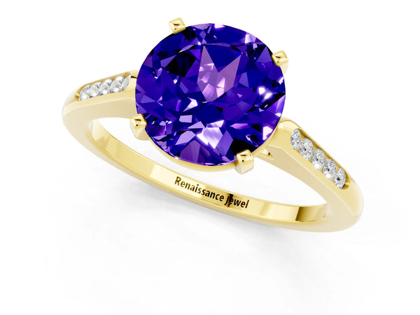 Yellow gold Round Cut Tanzanite Solitaire Ring with Channel Set Round Band and Prong Setting
