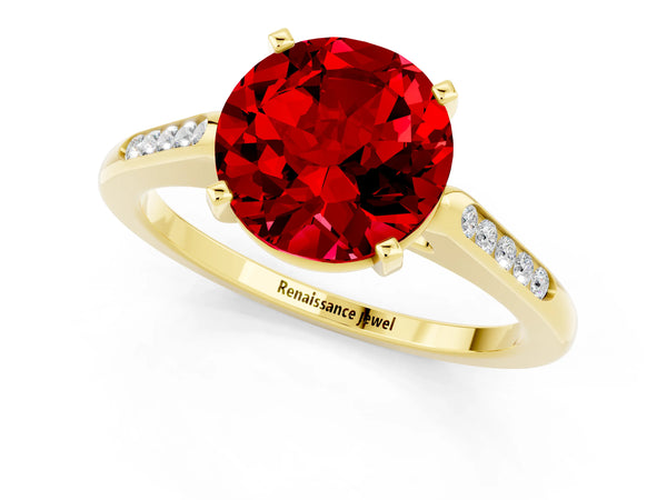 Yellow gold Round Cut Ruby Solitaire Ring with Channel Set Round Band and Prong Setting
