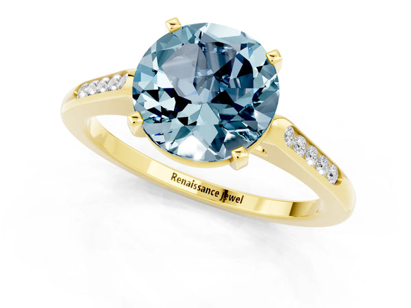 Yellow gold Round Cut Aquamarine Solitaire Ring with Channel Set Round Band and Prong Setting