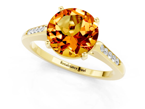 Yellow gold Round Cut Citrine Solitaire Ring with Channel Set Round Band and Prong Setting