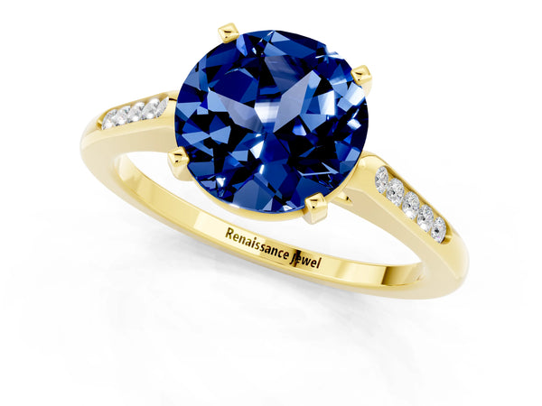 Yellow gold Round Cut Blue Sapphire Solitaire Ring with Channel Set Round Band and Prong Setting