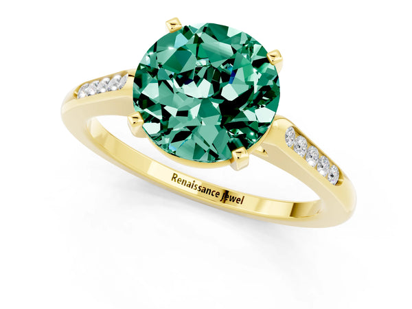 Yellow gold Round Cut Green Sapphire Solitaire Ring with Channel Set Round Band and Prong Setting