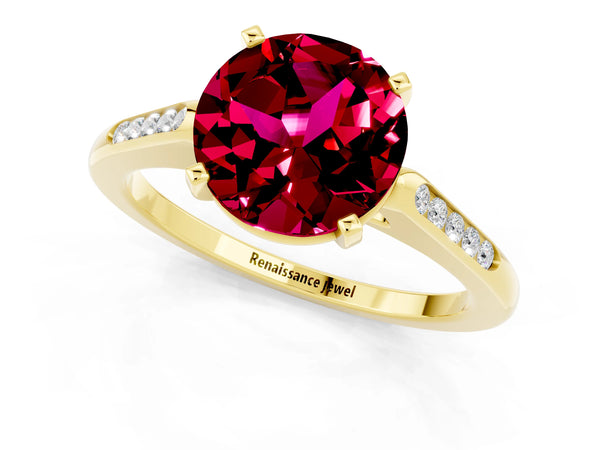 Yellow gold Round Cut Garnet Solitaire Ring with Channel Set Round Band and Prong Setting