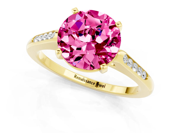 Yellow gold Round Cut Pink Sapphire Solitaire Ring with Channel Set Round Band and Prong Setting