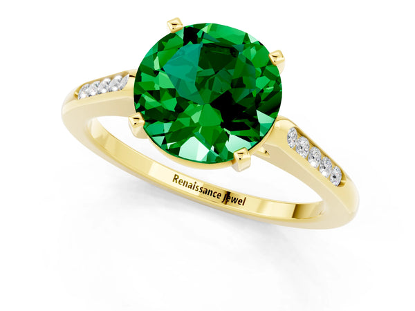Yellow gold Round Cut Emerald Solitaire Ring with Channel Set Round Band and Prong Setting