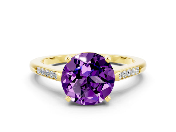 Yellow gold Round Cut Amethyst Solitaire Ring with Channel Set Round Band and Prong Setting