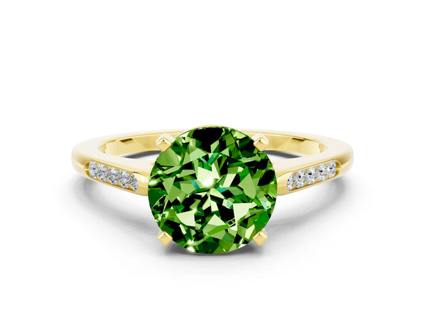 Yellow gold Round Cut Peridot Solitaire Ring with Channel Set Round Band and Prong Setting