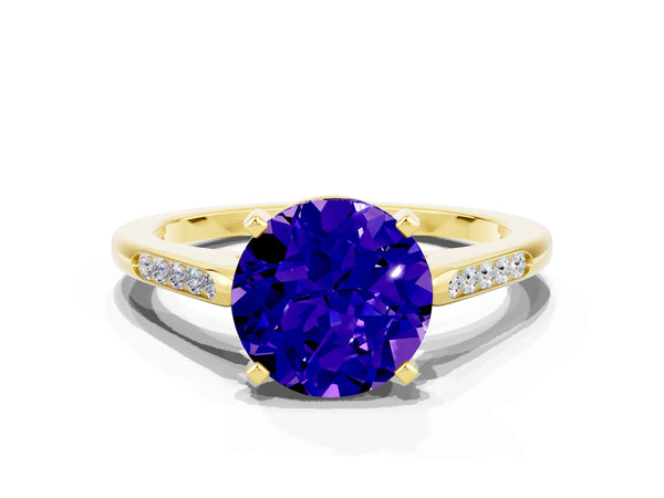 Yellow gold Round Cut Tanzanite Solitaire Ring with Channel Set Round Band and Prong Setting