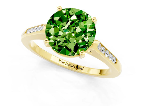 Yellow gold Round Cut Peridot Solitaire Ring with Channel Set Round Band and Prong Setting