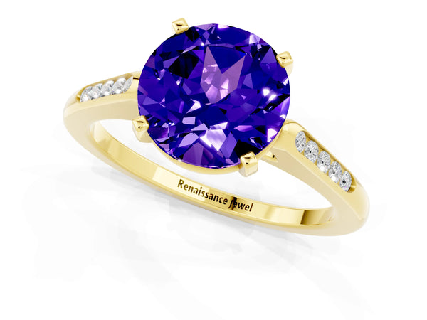 Yellow gold Round Cut Tanzanite Solitaire Ring with Channel Set Round Band and Prong Setting
